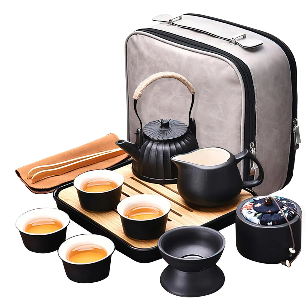 Gongfu tea set with teapot, cups, pitcher and travel case