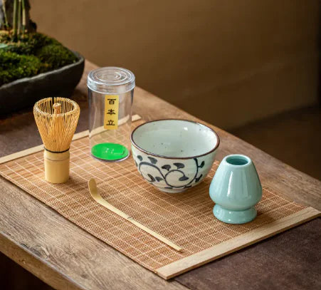 Wrenly matcha ritual set with ceramic bowl, bamboo whisk, celadon whisk holder and bamboo scoop