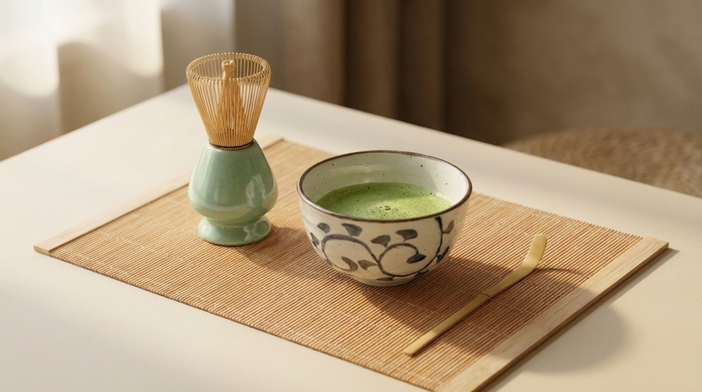 Wrenly matcha ritual set with floral ceramic bowl of whisked matcha, bamboo whisk, celadon whisk holder and bamboo scoop