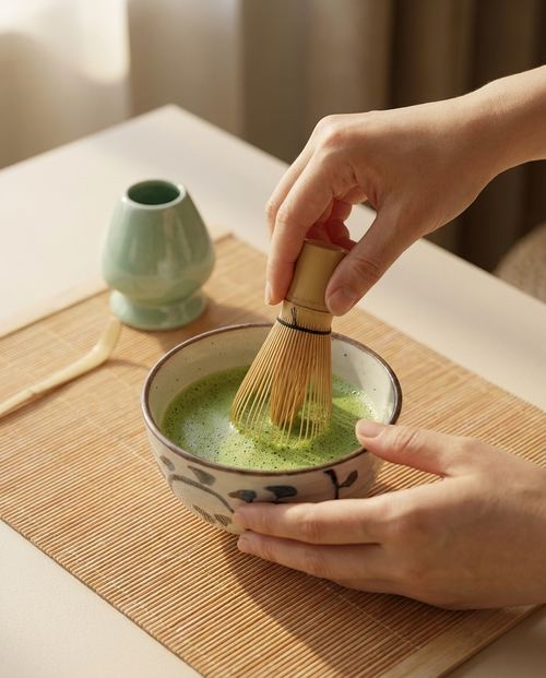 Hands whisking matcha to a fine froth in the Wrenly floral ceramic bowl