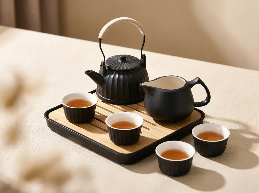 Wrenly gongfu travel tea set with black pumpkin teapot, overhead rope handle, gongdao pitcher and four cups on a bamboo tray